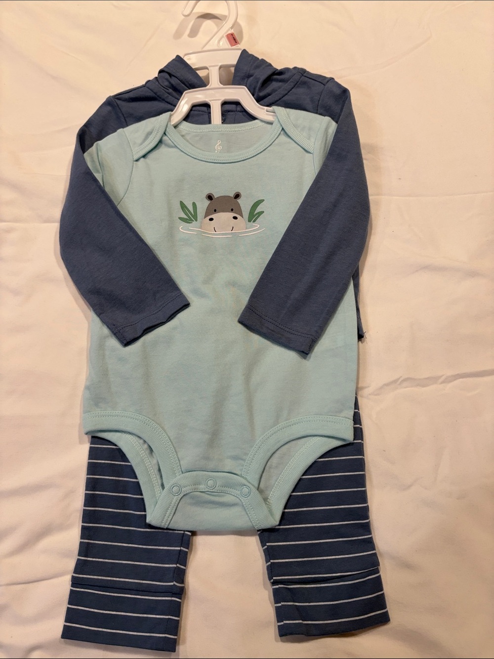 Light Blue & Navy Hippo Graphic Long-Sleeve Bodysuit